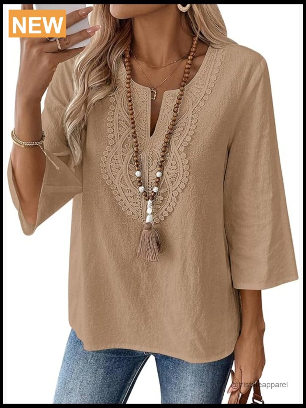 Womens 3/4 Sleeve Tunic Top Cotton Linen V Neck Lace Loose Fit Boho Blouse - Picture 1 of 5